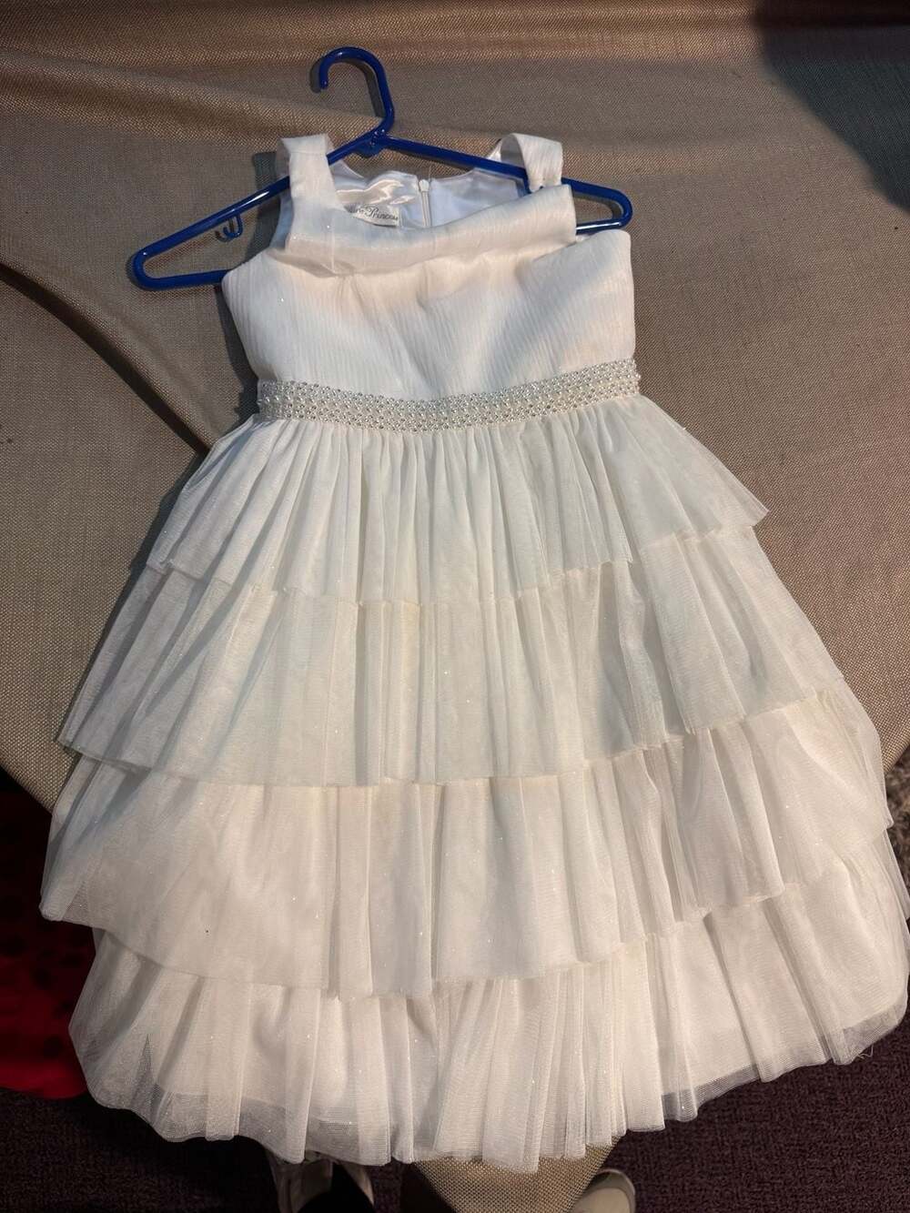Couture Princess Girls White Tulle Tiered Dress with Beaded Waistband, Size 8